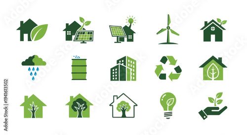 Collection of Green Eco-Friendly Icons Representing Sustainability Concepts.