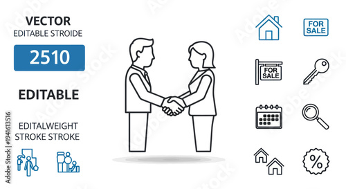 Editable stroke line icon of a businessman and businesswoman shaking hands to finalize an agreement.