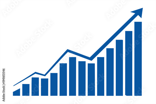 Dynamic business growth chart with blue bars and upward arrow showing profit success.