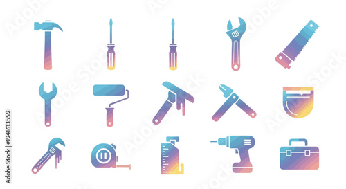 Set of colorful construction and repair tools including hammer screwdriver wrench and drill.