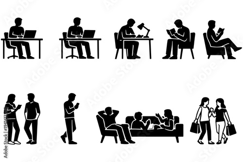 Freelance Daily Routine Silhouettes with Laptop Desk Work Scenes