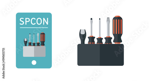 A flat vector illustration of a set of various screwdrivers and hand tools in a black holder.
