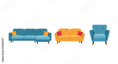Collection of Colorful Living Room Furniture: Sofa Loveseat and Armchair.