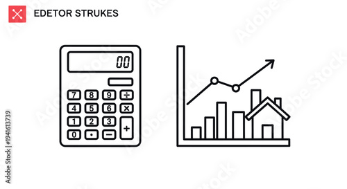 Financial calculation icons featuring a simple calculator and a real estate investment growth graph.