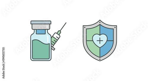 Medical syringe and vial next to a shield with a heart and cross symbol.