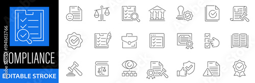 Compliance icon set. Regulations. Governance. Checklist. Policy. Corporate. Responsibility. Quality control. Editable stroke. Vector illustration