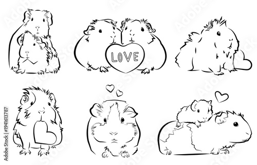 Set of 6 Cute Guinea Pigs with Hearts Linear Illustration