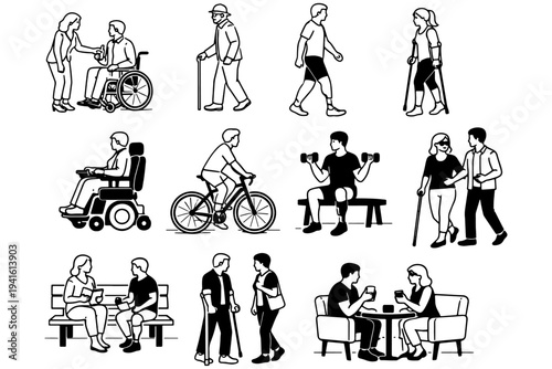 Isometric Line People Set with Diverse Characters in Everyday Activities