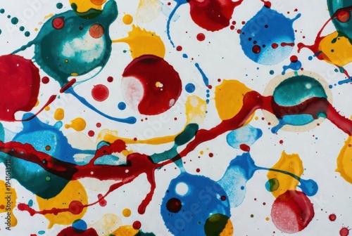 Large round paint blobs in teal, red, blue, yellow on white background with small drops and drip lines