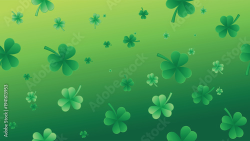 St. Patrick's Day background with floating green shamrock leaves on gradient backdrop, lucky three leaf clover pattern for Irish traditional spring holiday celebration