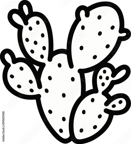 A black and white outline drawing of a prickly pear cactus with many pads and dots