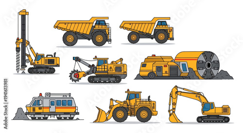 A vector illustration set of yellow heavy duty mining and construction machinery.