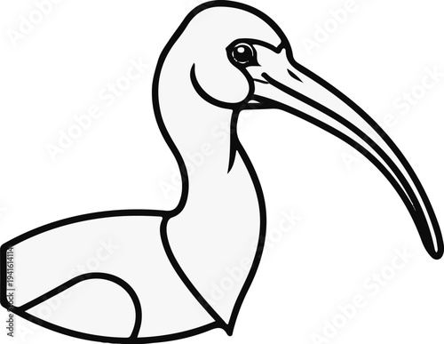 A black and white outline drawing of an ibis with a long, curved beak