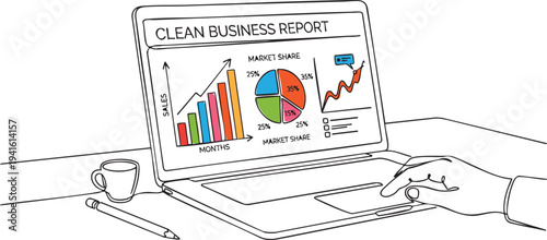 Continuous line art of laptop screen displaying colorful business data charts, hand using touchpad for financial report analysis, minimalist vector of workplace productivity and statistics
