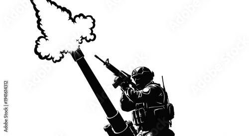 Soldier firing mortar with smoke explosion, military action, combat scene