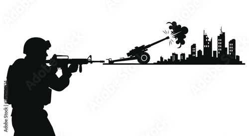 Soldier firing rifle at city skyline with artillery firing, war concept