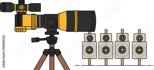Professional spotting scope on tripod, target shooting range illustration, precision optics equipment, marksmanship training concept, long range shooting practice