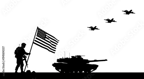 Soldier Holding American Flag Beside Tank with Fighter Jets Flying Overhead Silhouette