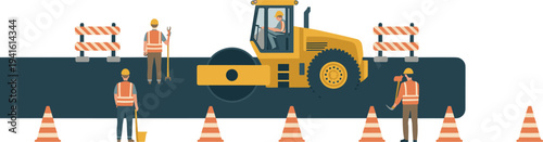 Road construction crew operating asphalt roller, highway repair workers with traffic cones and barriers, street maintenance vector illustration