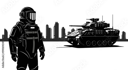 Soldier in Hazmat Suit and Armored Tank in Cityscape