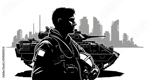 Soldier in Armor with Tank and Cityscape Silhouette - Military Power and Urban Conflict Concept