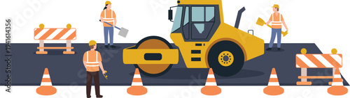 Road construction workers repairing asphalt with road roller, traffic cones and barriers, highway maintenance flat vector illustration