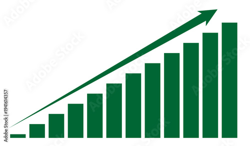 Green business growth bar chart with upward arrow: success and profit increase icon.