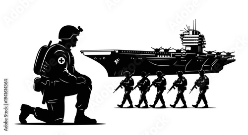 Soldier Kneeling Before Aircraft Carrier and Marching Troops Silhouette