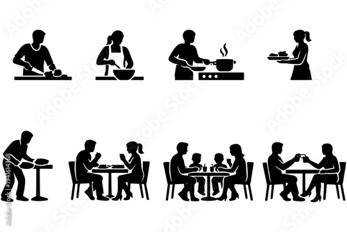 Monochrome Illustration Set of Kitchen Activities and Dining Experiences