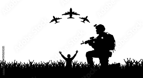 Soldier Kneeling with Arms Raised Crowd and Airplanes Flying Overhead Silhouette