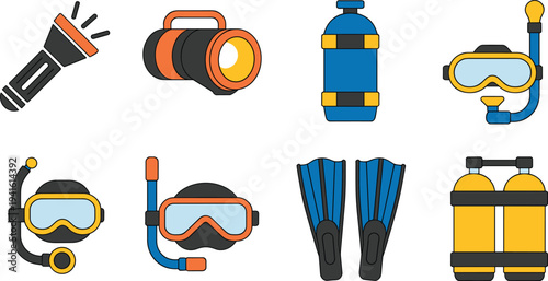 Scuba diving equipment icons set, snorkel mask fins oxygen tank flashlight underwater gear minimal flat illustration collection
