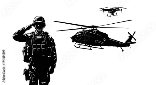 Soldier Saluting Near Helicopter and Drone, Military Technology and Warfare Concept