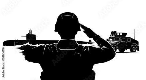 Soldier Saluting Military Submarine and Armored Vehicle Silhouette