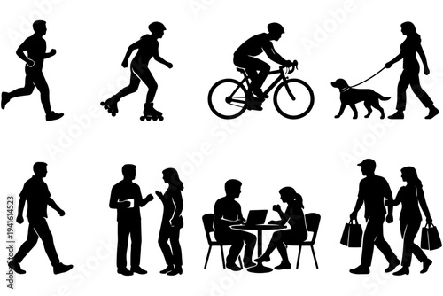Outdoor Fitness Lifestyle People Silhouettes Running Walking and Cycling