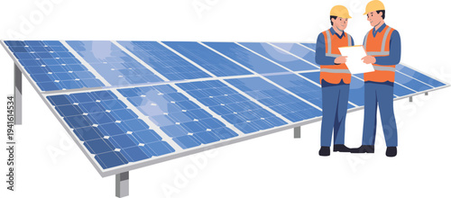 Solar panel installation engineers inspecting photovoltaic system, renewable energy workers, solar power station maintenance vector illustration