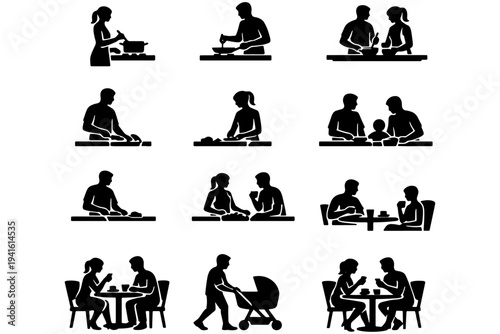 Monochrome Kitchen Scene Collection with Family and Friends Dining