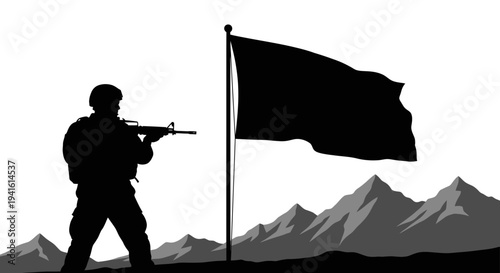 Soldier Standing Guard with Rifle Next to Black Flag in Mountainous Landscape