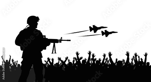 Soldier Standing Guard Over Cheering Crowd with Fighter Jets Flying Overhead