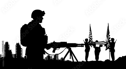 Soldier Silhouette with American Flags and Destroyed Cityscape