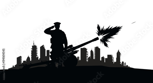 Soldier Saluting with Cannon Firing in City Silhouette