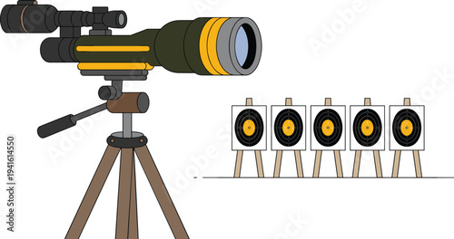 Spotting scope on tripod at shooting range, precision target practice illustration, long range optics equipment, marksmanship training concept