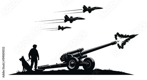 Soldier with Dog and Firing Cannon under Fighter Jets