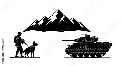 Soldier with Dog and Tank Silhouette Against Mountain Landscape