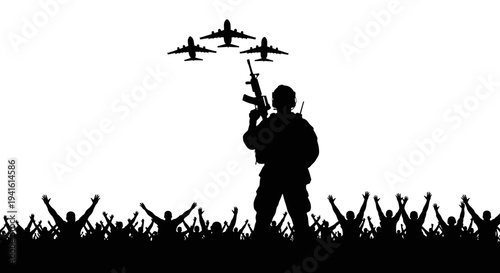 Soldier Standing Tall with Arms Raised, Aircraft Fly Over Crowd Cheering
