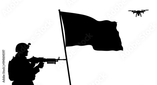 Soldier with Drone and Flag Silhouette