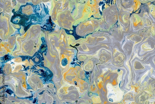 Fluid acrylic pour painting with blue, yellow, gray organic cell-like shapes on canvas.