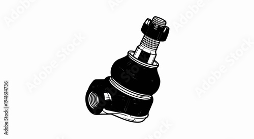 A black and white illustration of a mechanical ball joint with a nut