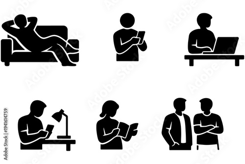 People Working and Relaxing at Home Office Silhouette Collection