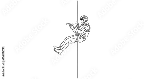Special Forces Soldier Rappelling Down Pole with Gun, Tactical Operation