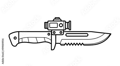 Tactical Combat Knife with Scope Attachment - Black and White Line Art Illustration